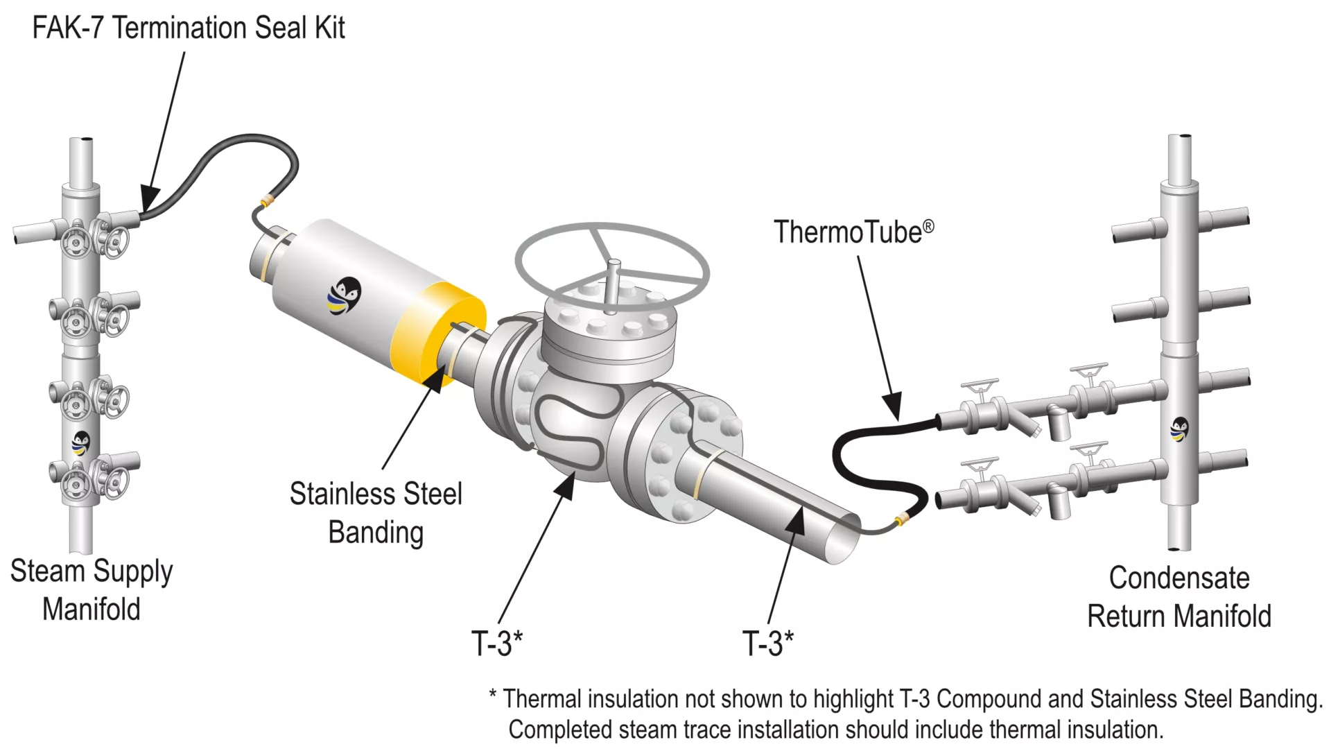 A typical steam trace system with Thermon T-3 heat transfer compound and ThermoTube