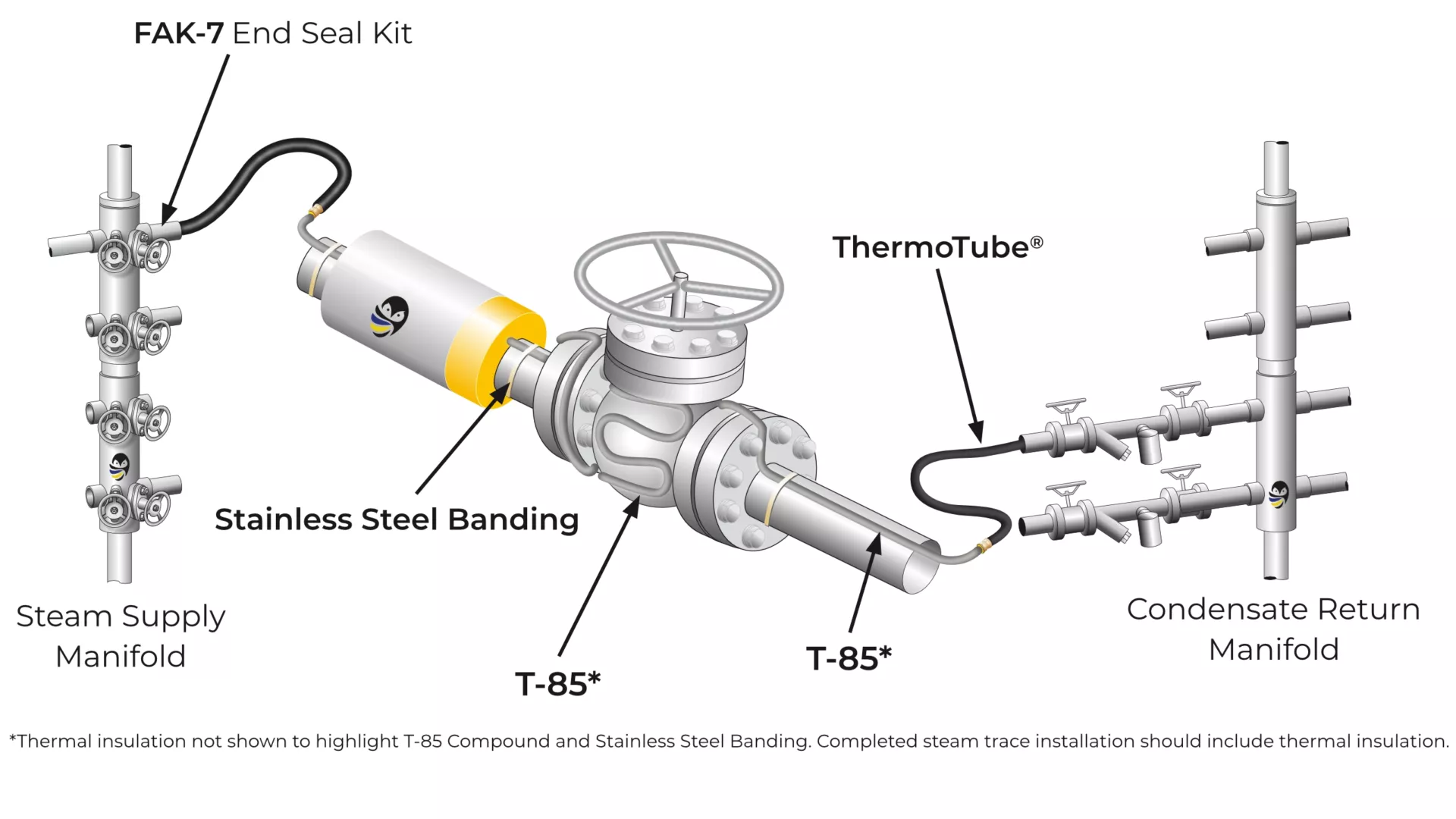 A typical steam trace system with Thermon T-3 heat transfer compound and ThermoTube