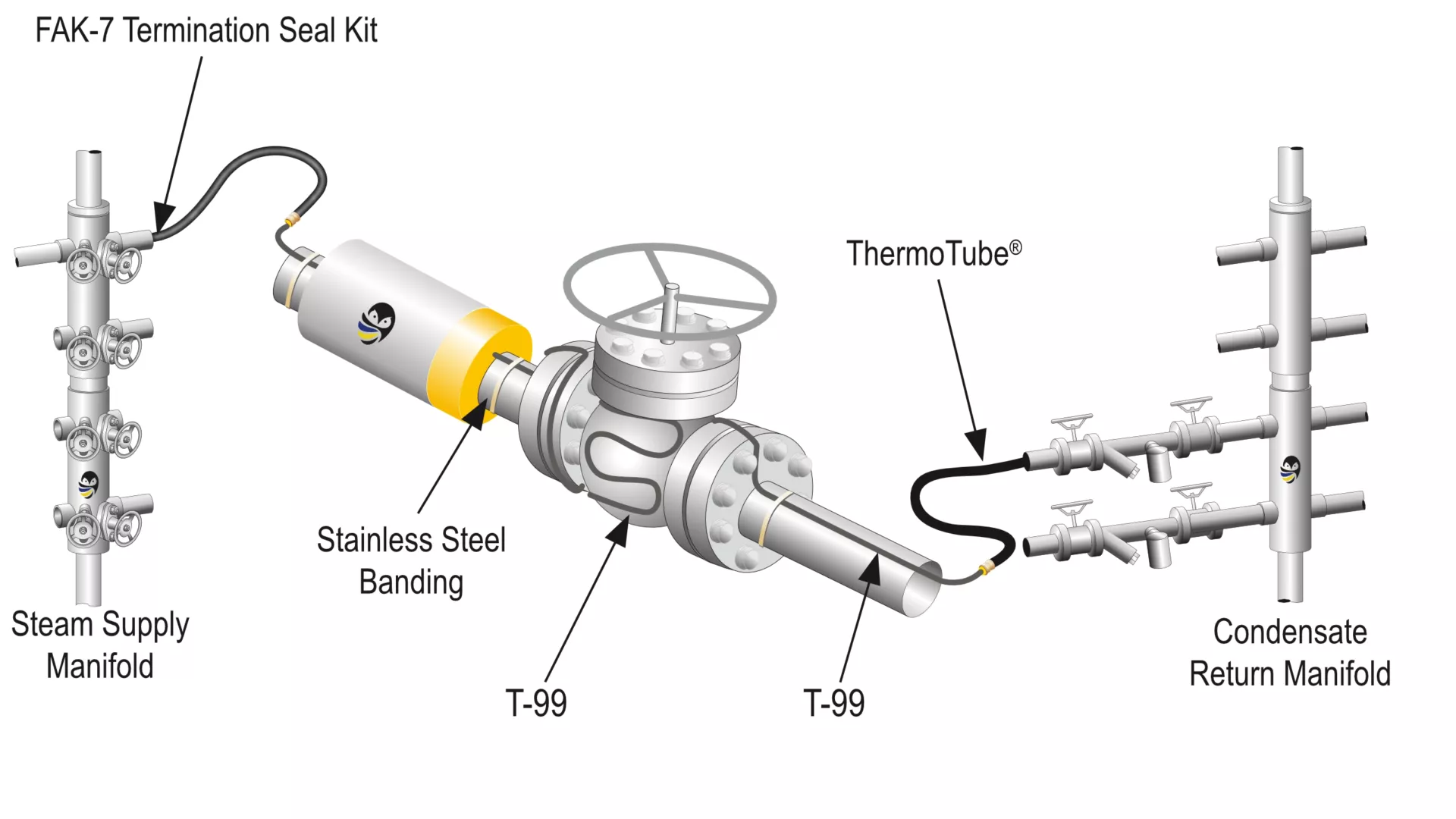 A typical steam trace system with Thermon T-3 heat transfer compound and ThermoTube